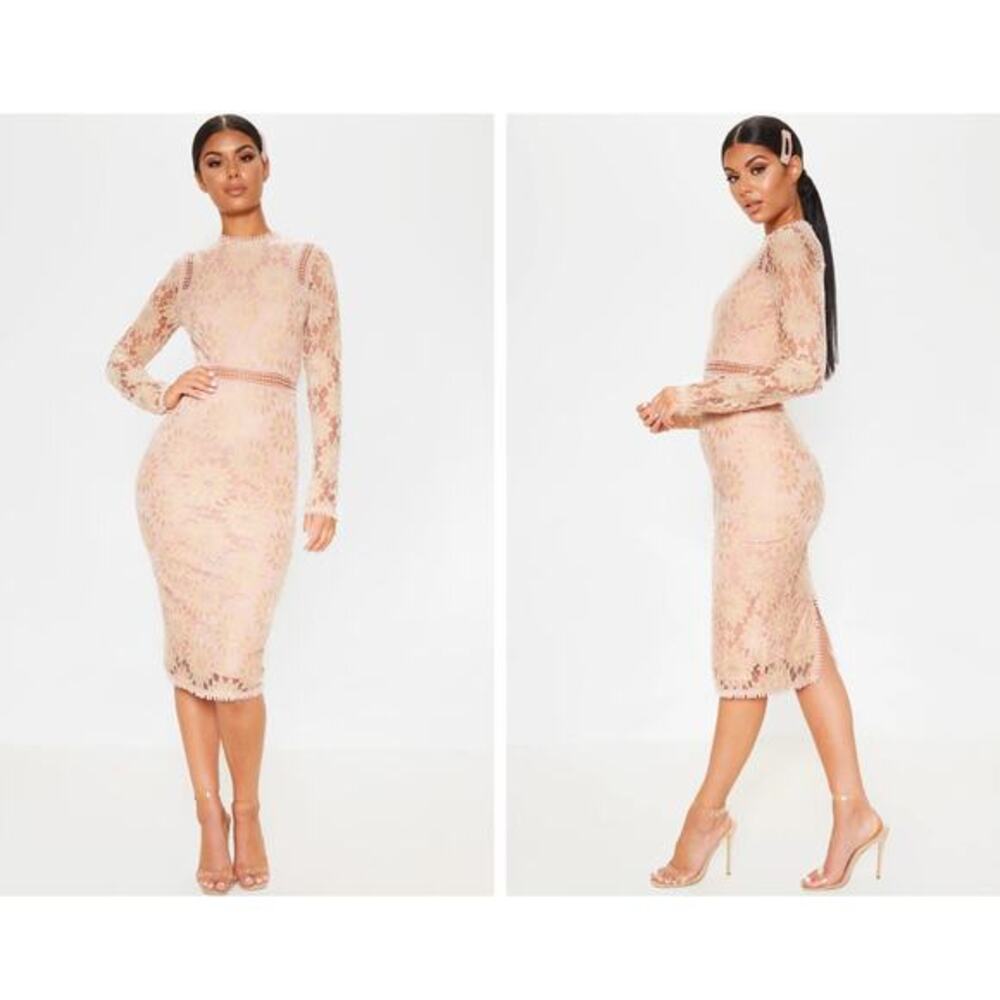 PRETTY LITTLE THING Dress Midi‎ Bodycon Lace Sheer Sleeve Cocktail Sexy Wedding